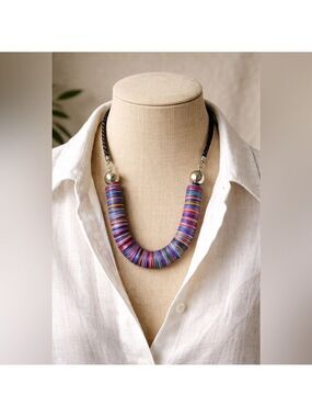 Vintage Heishi Shell Disc Necklace Multicolor Artisan Statement Boho Coastal Lux